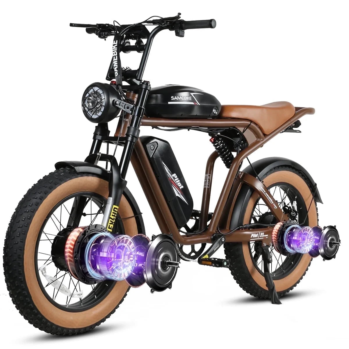 SAMEBIKES M20-III Electric Mountain Bike for Adults with Dual Motor & Dual Battery, 1500W Peak Motor*2, 48V 18AH Battery*2, 20" Fat Tire Electric Dirt Bike, Full Suspension Electric Motorcycle UL2849